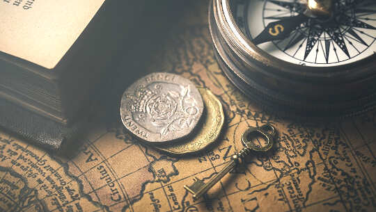 The First Step in Spiritual Mastery: A Short Course in Manifestation photo of a key, a compass, coins, overlayed on an old map