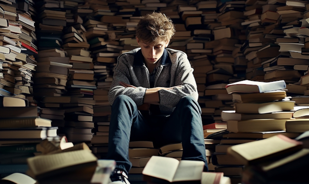 a man sitting amongst piles and piles of book with one open book in front of him