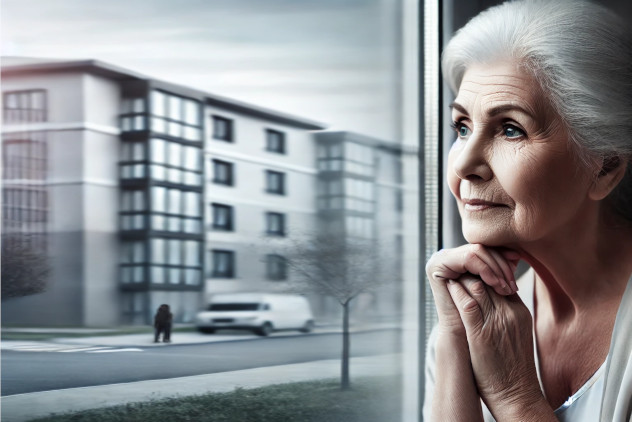 What To Do with Grandma and Grandpa: 4 Key Truths About Senior Housing Challenges a senior woman looking peacefully out the window at an apartment housing complex