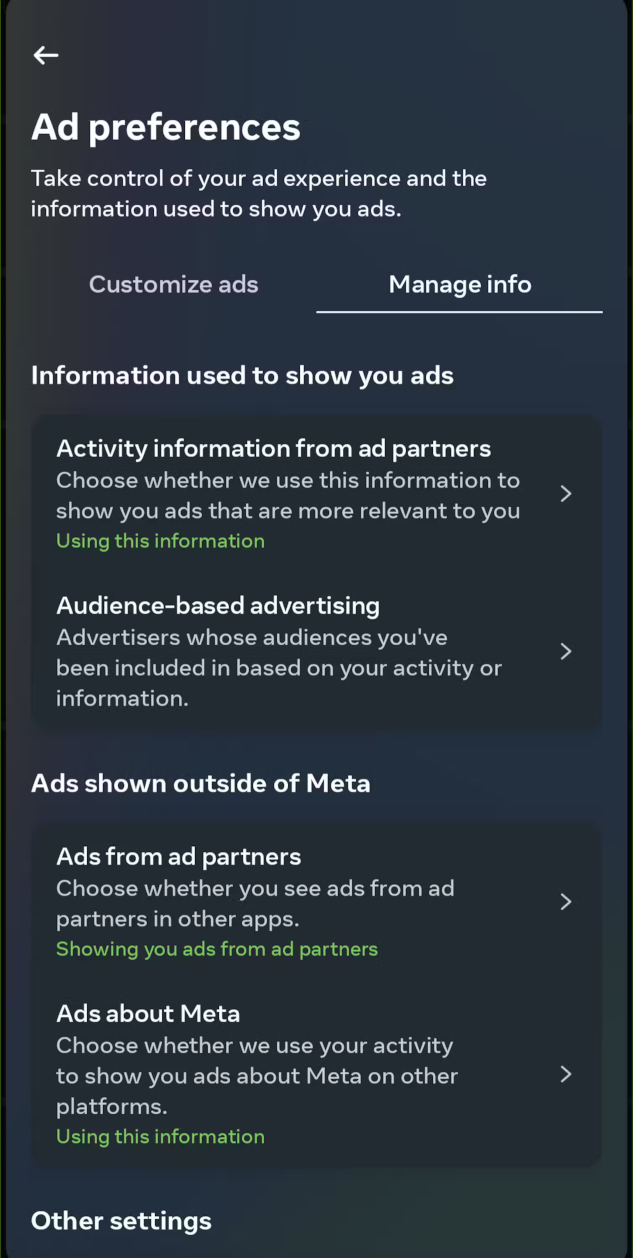 Android screenshot – white and green text on a black background