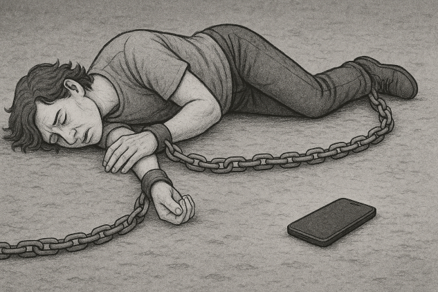 a person in chains, with their cell phone beyong reach. 