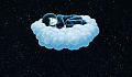 a caricature of someone sleeping on a cloud in the nighttime sky